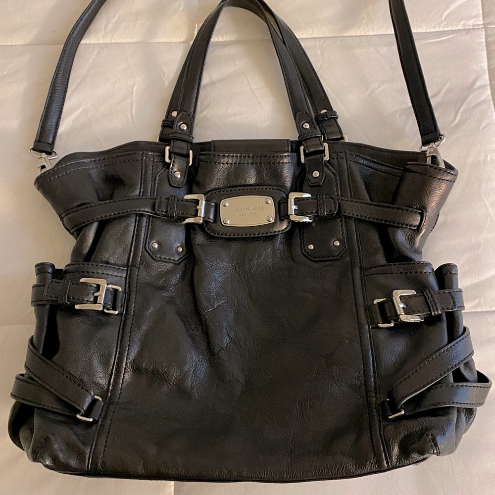 Michael Kors Black Leather Bag with a Detachable Strap and Silver Detail